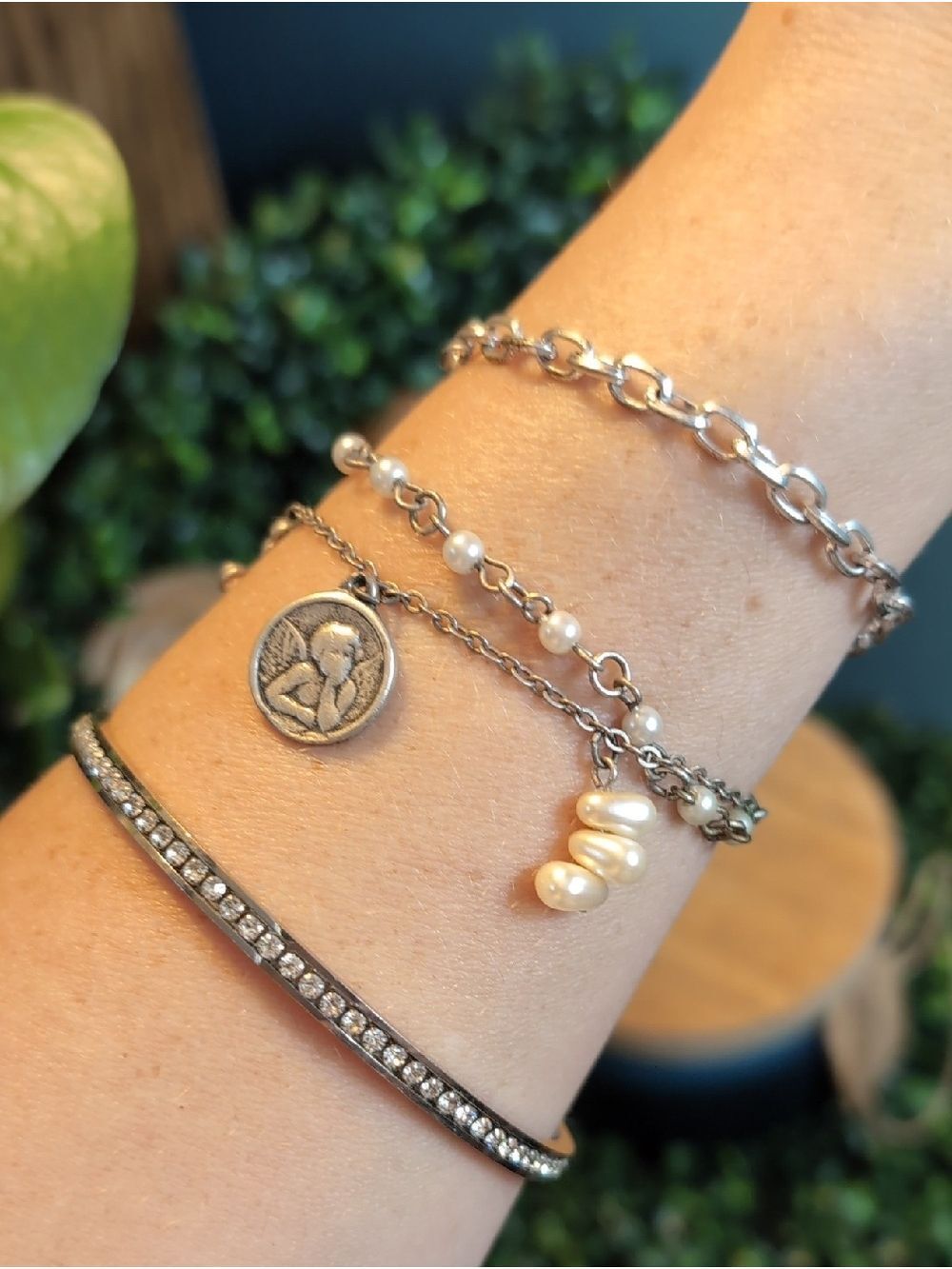 Pearls & Cherub Charm &  Channel Set Bracelet Trio